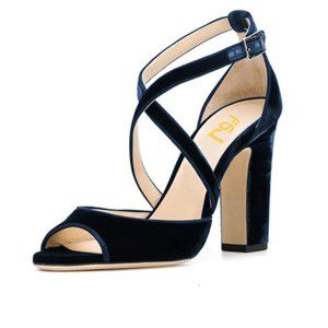 FSJ Peep Toe Chunky Heel Cross Strap Sandal